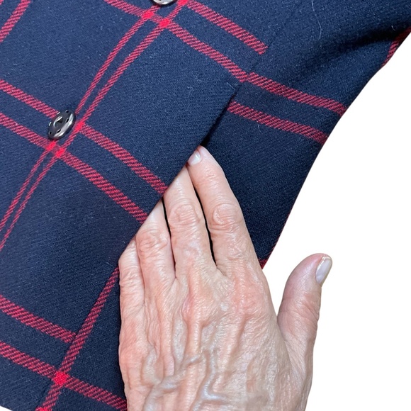 H&M Wool Blend Plaid Navy and Red Funnel Neck Blazer Snap Closure Belt Loops 4 - Picture 9 of 11